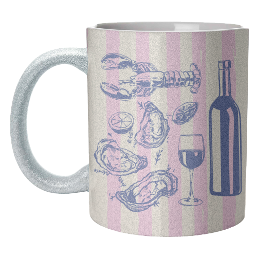 Seafood & Wine – Retro Pink Stripes Illustration - unique mug by EZbie