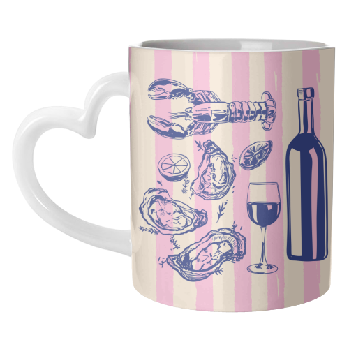 Seafood & Wine – Retro Pink Stripes Illustration - unique mug by EZbie