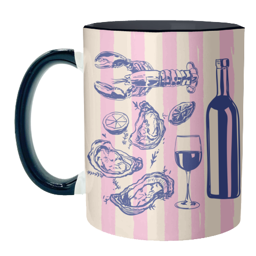 Seafood & Wine – Retro Pink Stripes Illustration - unique mug by EZbie
