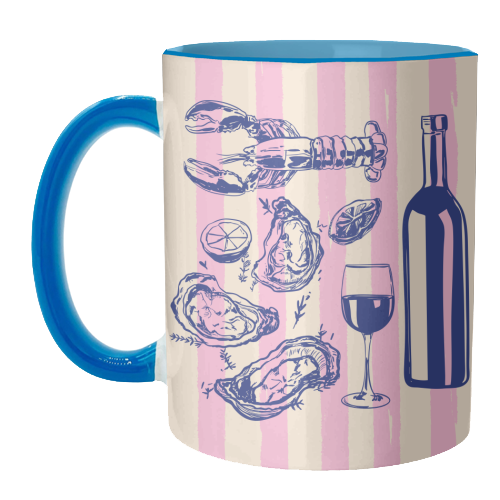 Seafood & Wine – Retro Pink Stripes Illustration - unique mug by EZbie