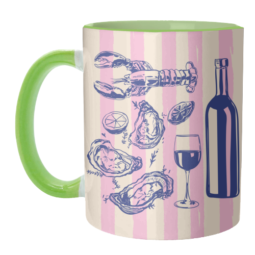 Seafood & Wine – Retro Pink Stripes Illustration - unique mug by EZbie