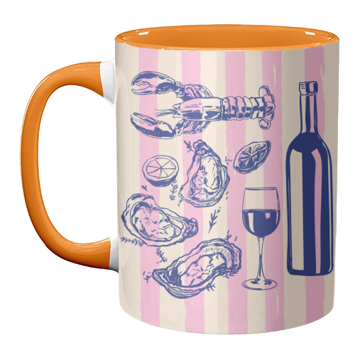 Seafood & Wine – Retro Pink Stripes Illustration - unique mug by EZbie