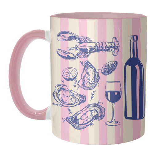 Seafood & Wine – Retro Pink Stripes Illustration - unique mug by EZbie