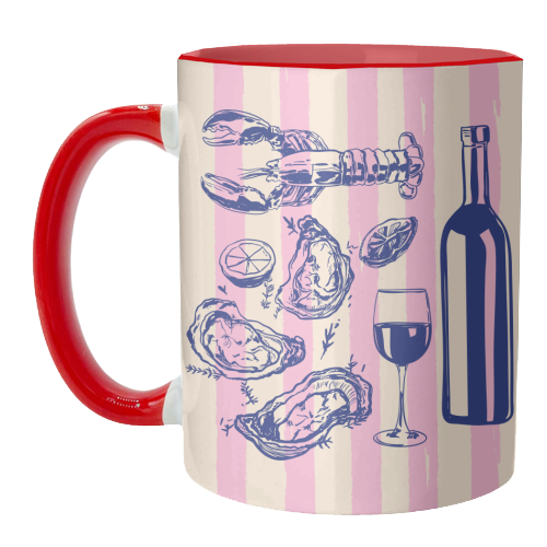 Seafood & Wine – Retro Pink Stripes Illustration - unique mug by EZbie