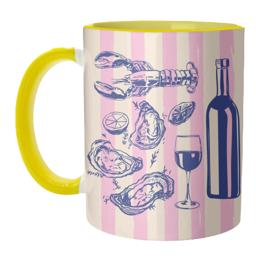 Seafood & Wine – Retro Pink Stripes Illustration - unique mug by EZbie