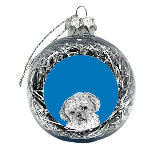 Shih Tzu Dog Portrait ( blue background ) - xmas bauble by Adam Regester