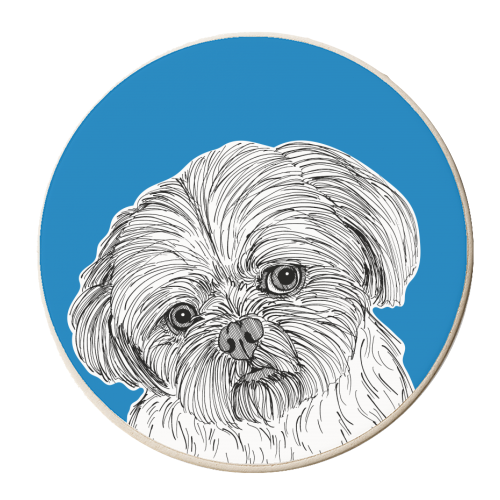 Shih Tzu Dog Portrait ( blue background ) - personalised beer coaster by Adam Regester