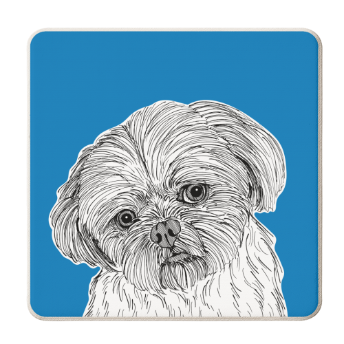 Shih Tzu Dog Portrait ( blue background ) - personalised beer coaster by Adam Regester