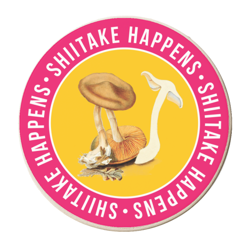 Shiitake Happens Pink and Yellow Mushroom - personalised beer coaster by Vallely Studios