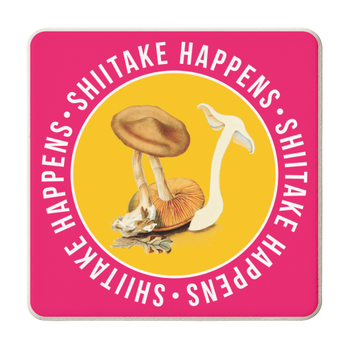 Shiitake Happens Pink and Yellow Mushroom - personalised beer coaster by Vallely Studios