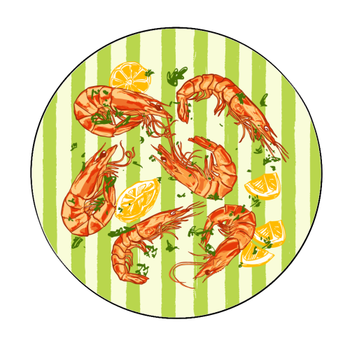 Shrimp with Lemons and Herbs - Circle Sticker by EZbie