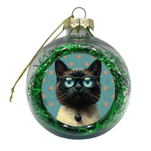 Siamese Cat With Glasses - xmas bauble by DejaReve
