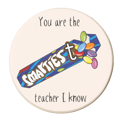 Smart teacher Smarties Pun Design - personalised beer coaster by Lisa Wardle