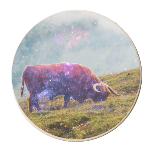 Space Highland Cow Series I - personalised beer coaster by Uma Prabhakar Gokhale