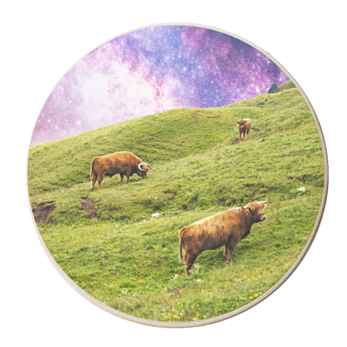 Space Highland Cows - personalised beer coaster by Uma Prabhakar Gokhale