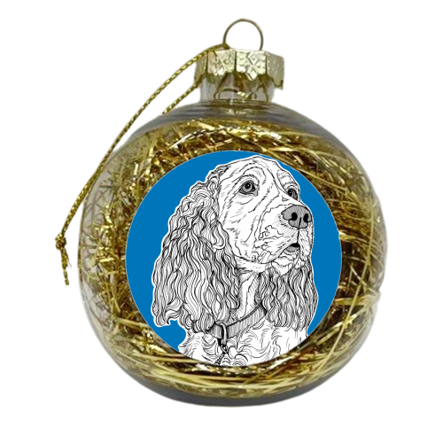 Spaniel Dog Portrait ( blue background ) - xmas bauble by Adam Regester