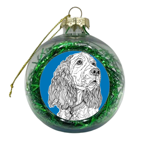 Spaniel Dog Portrait ( blue background ) - xmas bauble by Adam Regester