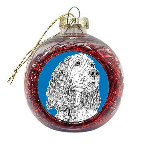 Spaniel Dog Portrait ( blue background ) - xmas bauble by Adam Regester