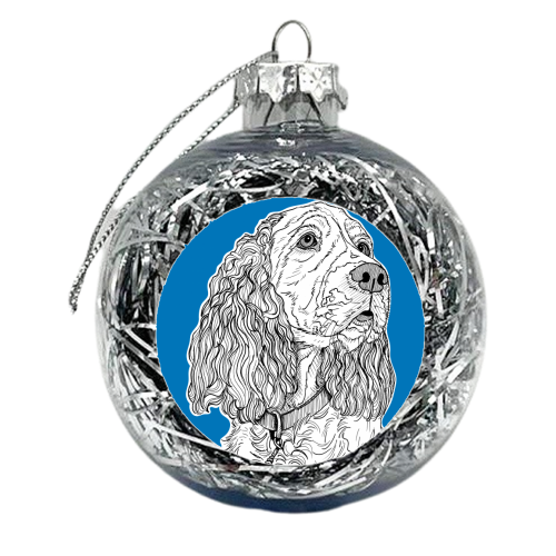 Spaniel Dog Portrait ( blue background ) - xmas bauble by Adam Regester