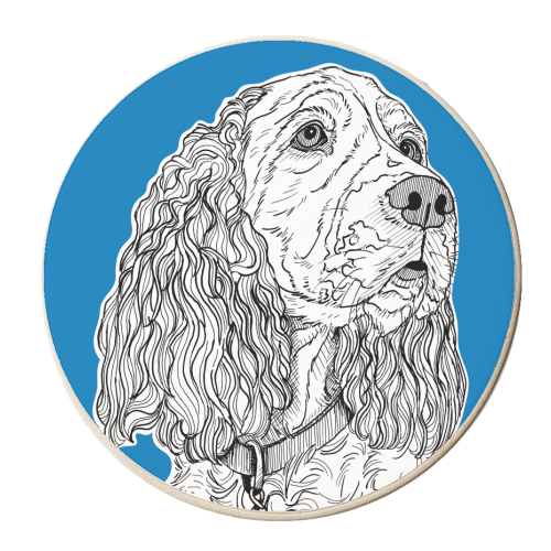 Spaniel Dog Portrait ( blue background ) - personalised beer coaster by Adam Regester