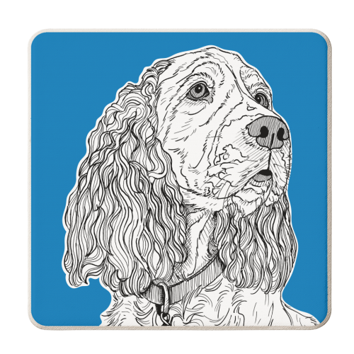 Spaniel Dog Portrait ( blue background ) - personalised beer coaster by Adam Regester