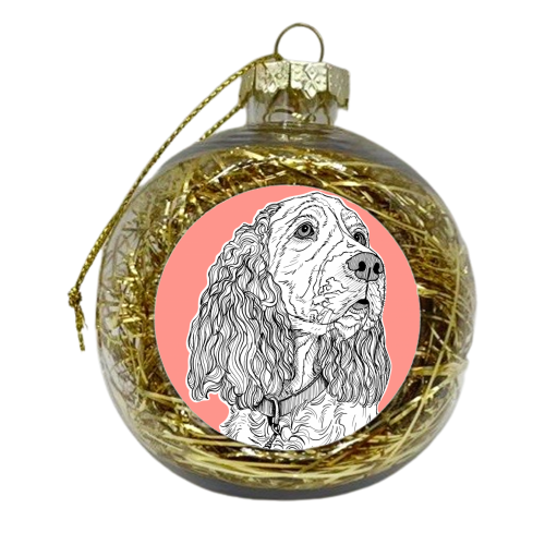 Spaniel Dog Portrait ( coral background ) - xmas bauble by Adam Regester