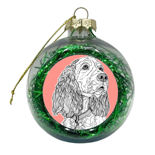 Spaniel Dog Portrait ( coral background ) - xmas bauble by Adam Regester