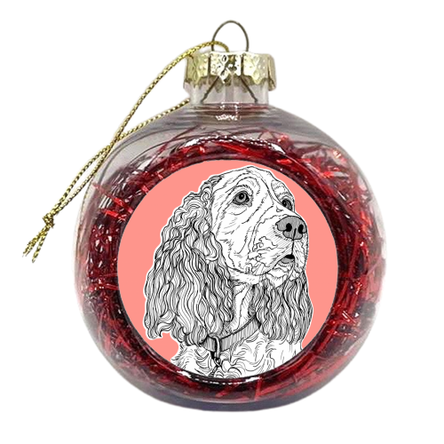 Spaniel Dog Portrait ( coral background ) - xmas bauble by Adam Regester