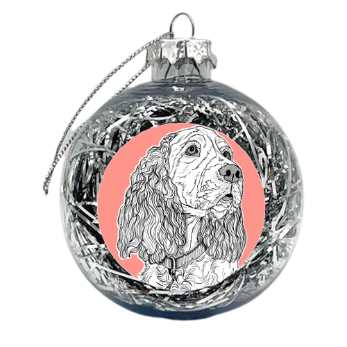 Spaniel Dog Portrait ( coral background ) - xmas bauble by Adam Regester