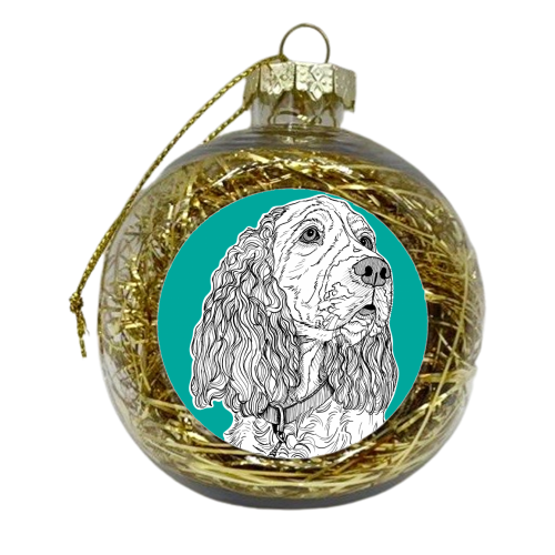 Spaniel Dog Portrait ( teal background ) - xmas bauble by Adam Regester