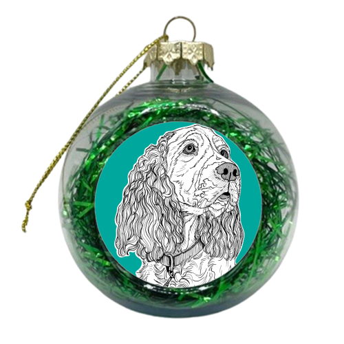 Spaniel Dog Portrait ( teal background ) - xmas bauble by Adam Regester