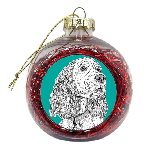 Spaniel Dog Portrait ( teal background ) - xmas bauble by Adam Regester