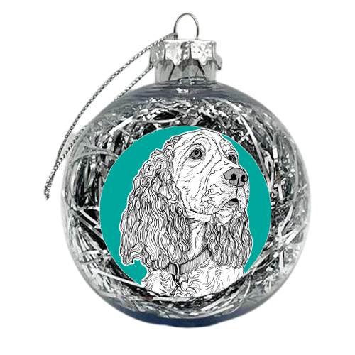 Spaniel Dog Portrait ( teal background ) - xmas bauble by Adam Regester