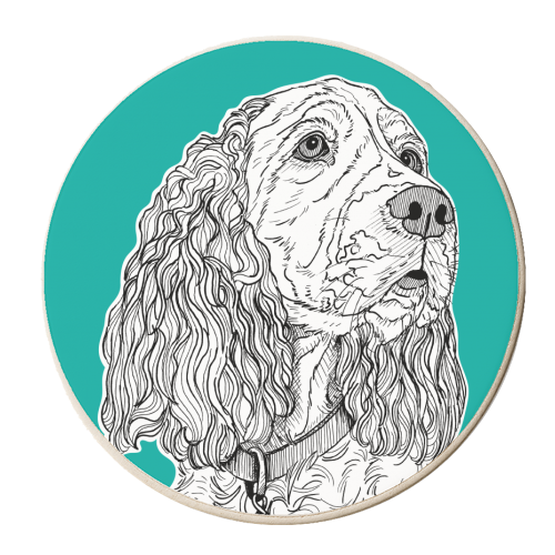 Spaniel Dog Portrait ( teal background ) - personalised beer coaster by Adam Regester