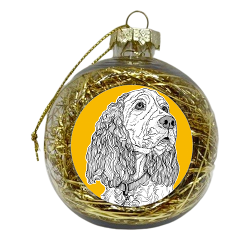Spaniel Dog Portrait ( yellow background ) - xmas bauble by Adam Regester