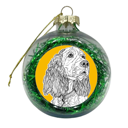 Spaniel Dog Portrait ( yellow background ) - xmas bauble by Adam Regester
