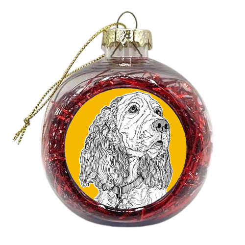 Spaniel Dog Portrait ( yellow background ) - xmas bauble by Adam Regester