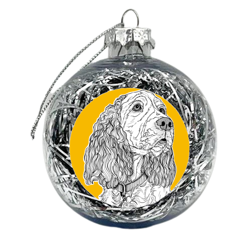 Spaniel Dog Portrait ( yellow background ) - xmas bauble by Adam Regester