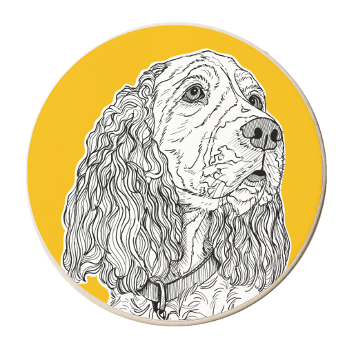 Spaniel Dog Portrait ( yellow background ) - personalised beer coaster by Adam Regester
