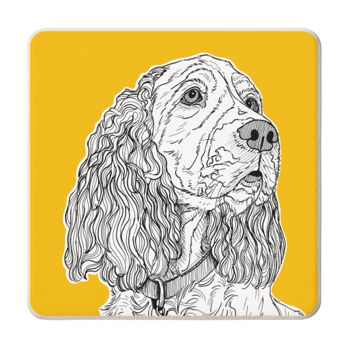 Spaniel Dog Portrait ( yellow background ) - personalised beer coaster by Adam Regester