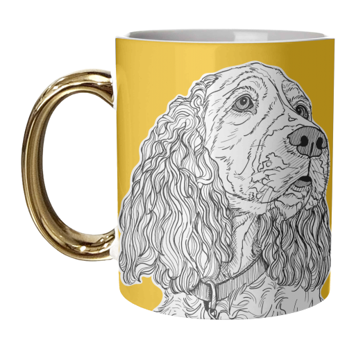 Spaniel Dog Portrait ( yellow background ) - unique mug by Adam Regester