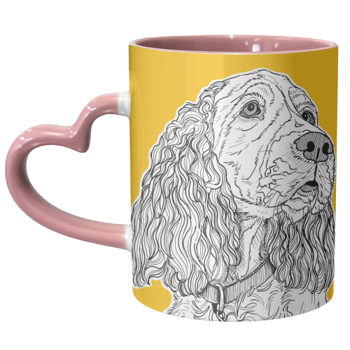 Spaniel Dog Portrait ( yellow background ) - unique mug by Adam Regester