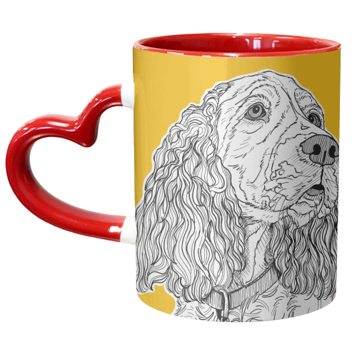 Spaniel Dog Portrait ( yellow background ) - unique mug by Adam Regester