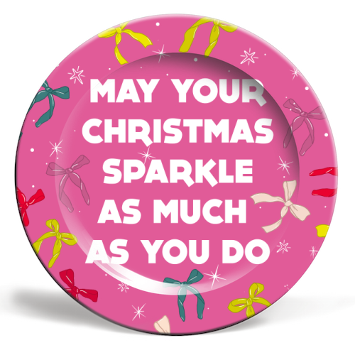 Sparkling Christmas Bow Card – Festive Retro Pink Design - ceramic dinner plate by Ania Wieclaw