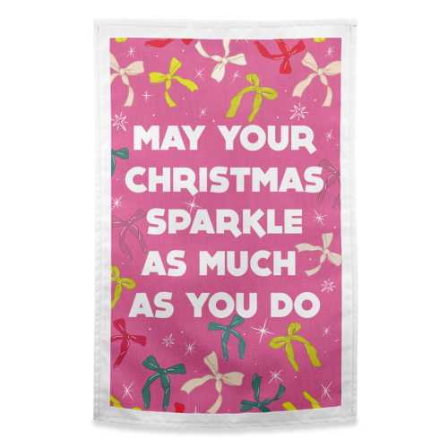 Sparkling Christmas Bow Card – Festive Retro Pink Design - funny tea towel by Ania Wieclaw