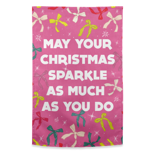 Sparkling Christmas Bow Card – Festive Retro Pink Design - funny tea towel by Ania Wieclaw