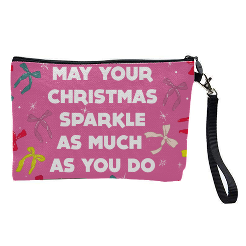 Sparkling Christmas Bow Card – Festive Retro Pink Design - pretty makeup bag by Ania Wieclaw