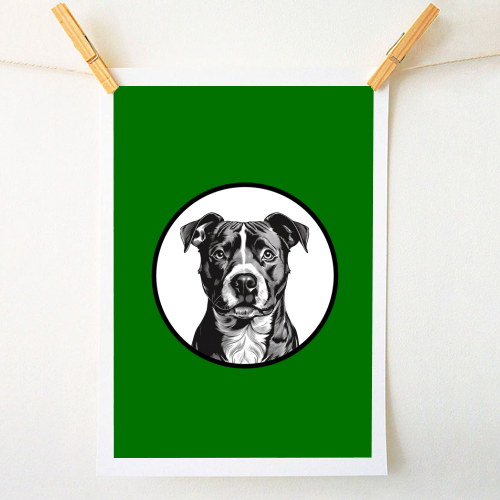 Staffordshire Bull Terrier Cameo Dog Portrait (dark green) - A1 - A4 art print by Adam Regester