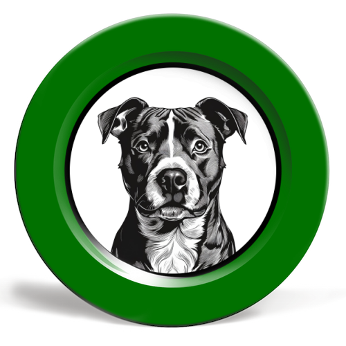 Staffordshire Bull Terrier Cameo Dog Portrait (dark green) - ceramic dinner plate by Adam Regester