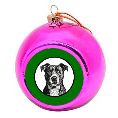 Staffordshire Bull Terrier Cameo Dog Portrait (dark green) - colourful christmas bauble by Adam Regester